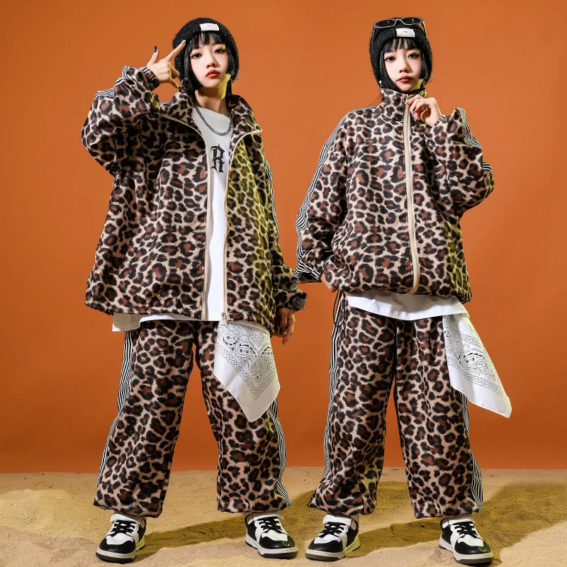 Abbigliamento hip-hop per bambini, giacca con stampa leopardata, top, pantaloni cargo tattici tascabili casual per abiti da ballo jazz per ragazza e ragazzo