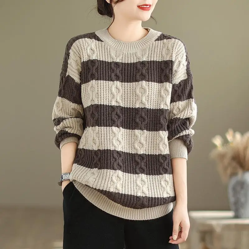 

Striped Women Knitted Sweater Autumn Winter Thicken O-Neck Literary Simple Pullover Elegant Fashion Versatile Loose Casual Tops