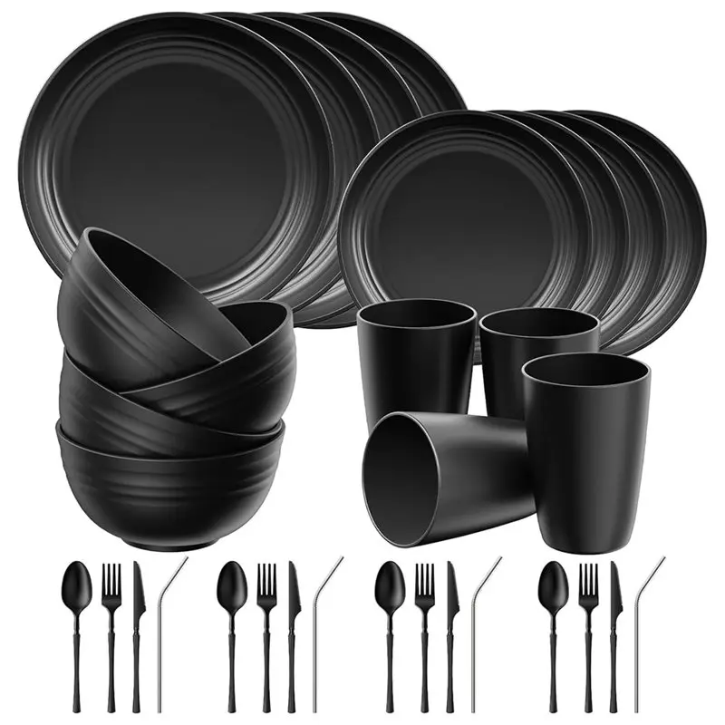 llcs-juego-de-platos-y-tazones-de-plastico-aptos-para-lavavajillas-y-microondas-32-piezas-para-4-personas-vajilla-irrompible-para-acampar-en-color-negro