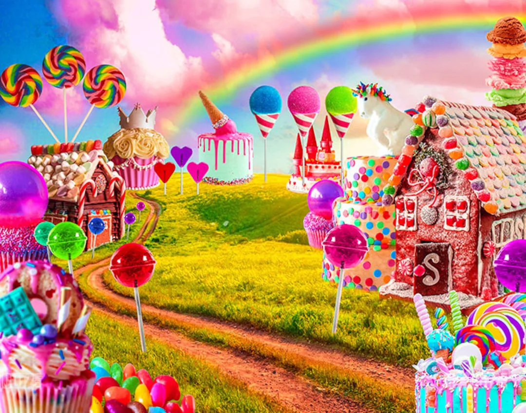 

Candyland Rainbow House Candy Road lollipop backdrops computer print party supplies Photography Studio Backgrounds