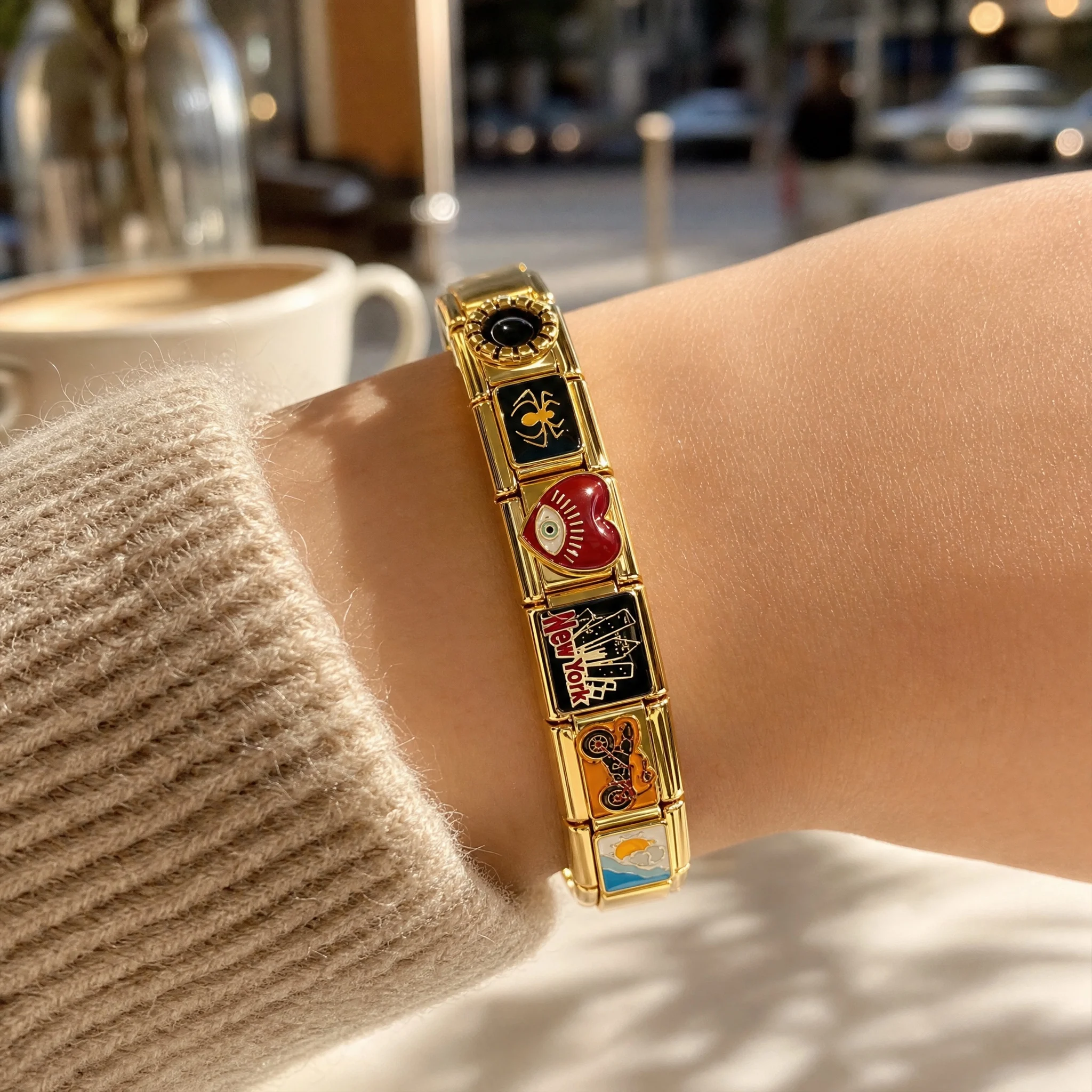 Personalized DIY Gold Color Italian Charm Bracelet Stainless Steel Poker Princess Bling Motorcycle Bead Fit 9mm Bracelet Jewelry 3