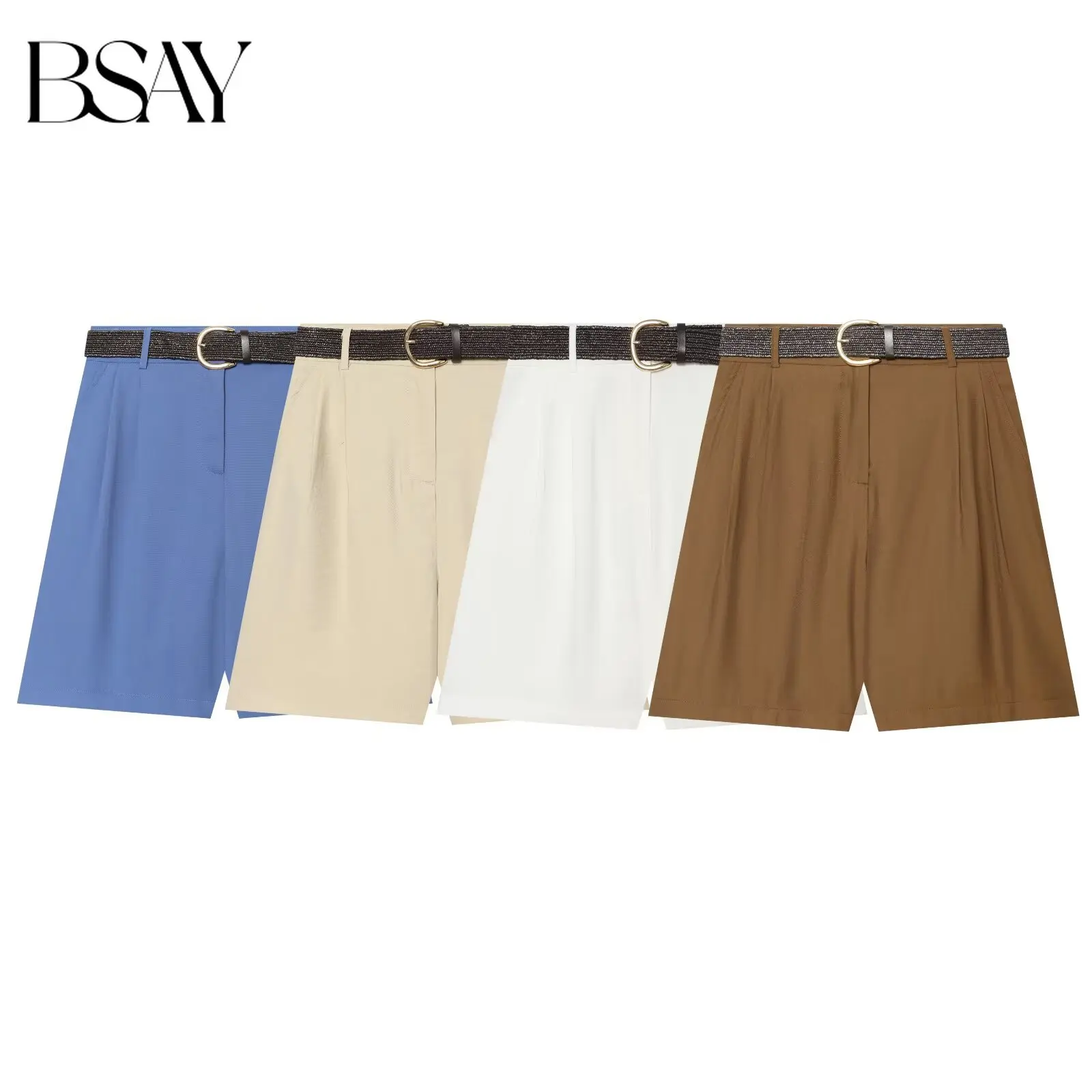 BSAY 2026 New Summer Solid Color Women High Waist Pleated Straight Shorts With Belt Elegant Commuter Office Casual Bermuda Pants