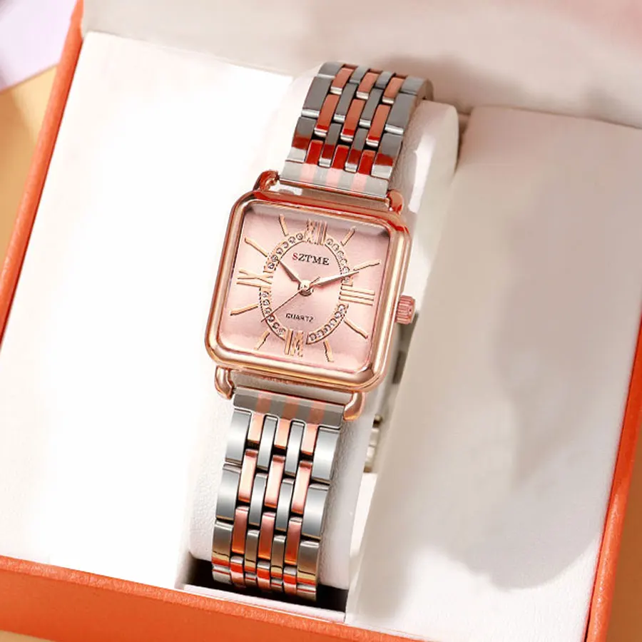 SZTME-ساعة نسائية مربعة بقرص روماني ، فولاذ مقاوم للصدأ ، علامة تجارية فاخرة ، عصرية ، عصرية ، ذهبية وردية #1
