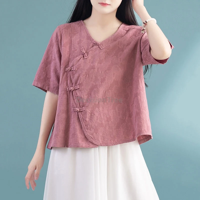 

2025 chinese characteristic disc buckle design cotton line top elegant pure color temperament blouse retro versatile loose top