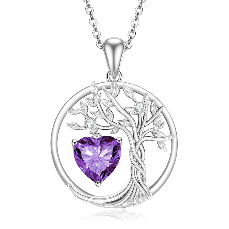 

IOGOU 8x8mm Heart-shaped Multi-color Stone Monthly Birthstone Tree of life Circle Pendant Necklace for Women 925 Silver Jewelry