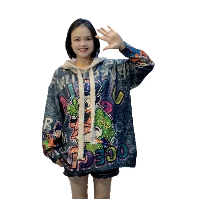 Nouveau sweat-shirt à capuche épais en fausse fourrure de vison pour femmes, coupe ample, robuste, estampage à chaud, pull polyvalent doux et collant