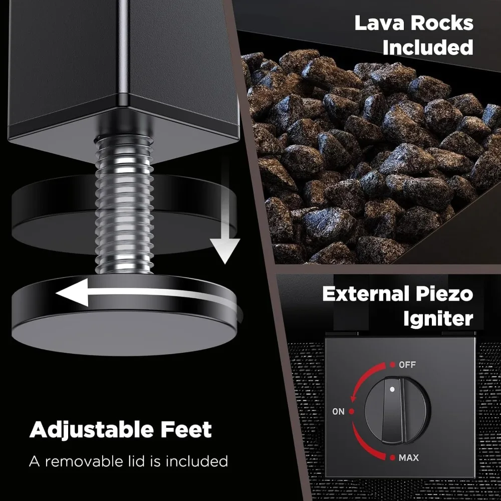 Ciays Propen Fire Pits 28 بوصة حفرة نار تعمل بالغاز في الهواء الطلق، طاولة حفرة نار مربعة بقدرة 50,000 وحدة حرارية بريطانية مع صخور الحمم البركانية، طاولة إطفاء 2 في 1 مع إزالة