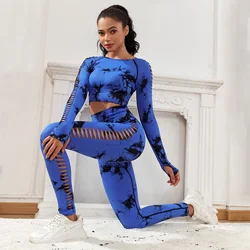 CHRLEISURE bezszwowe Tie Dye zestaw sportowy wydrążone strój do jogi koszulka Fitness z legginsy treningowe odzieżą sportową