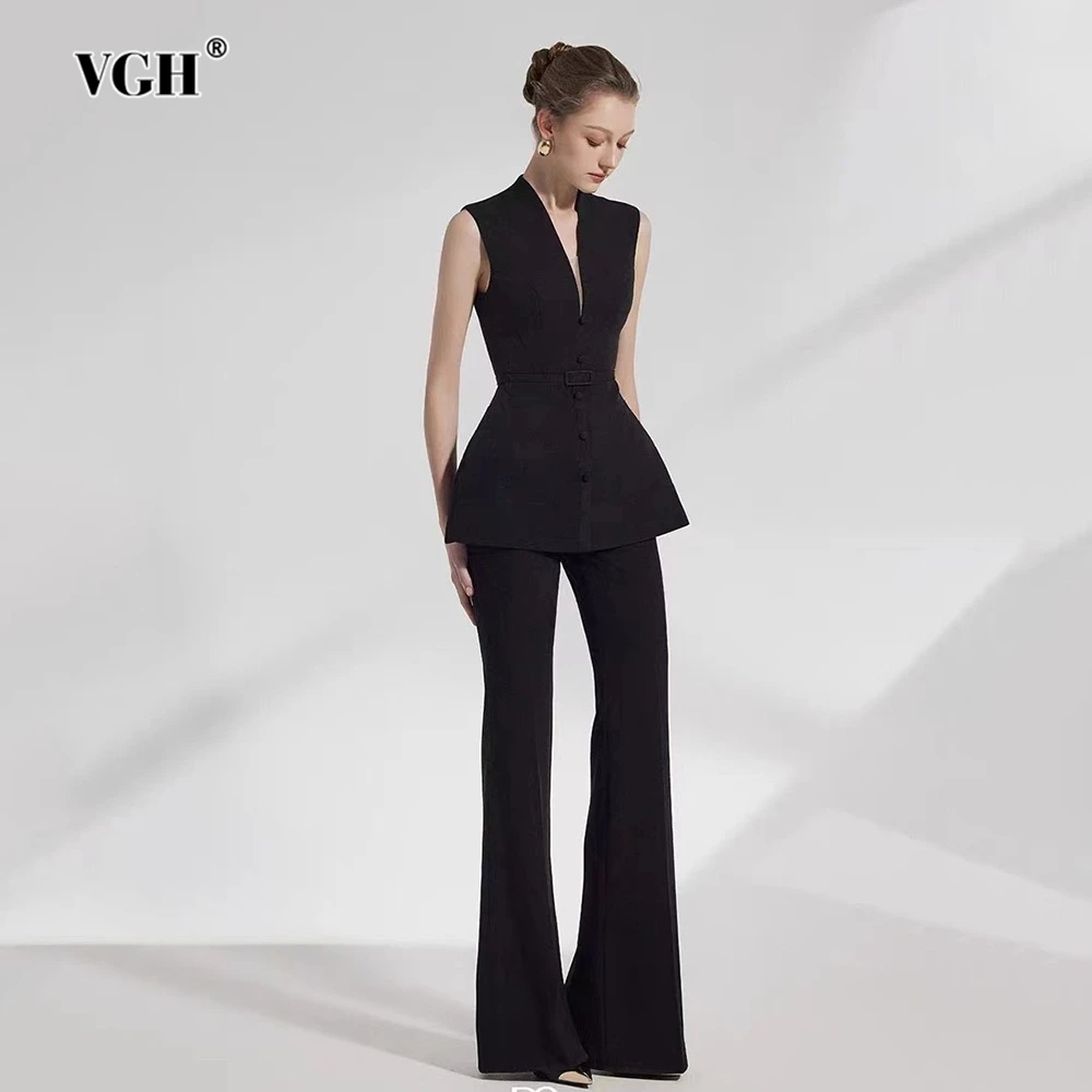 

VGH Temperament Solid Two Piece Sets For Women V Neck Sleeveless Spliced Button Top High Waist Pants Chic Set Female Fashion New
