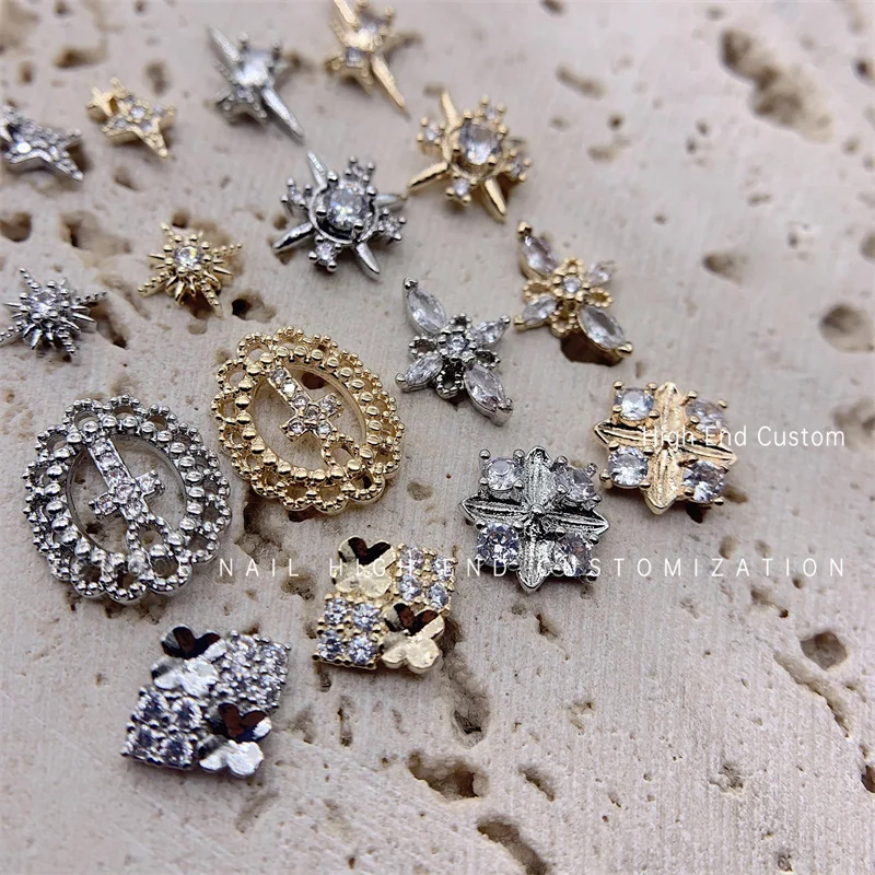 5Pcs Zircon Cross Quadrangle Star Gold Silver Nail Enhancement Diamond Color Preserving Manicure Metal Jewelry Drill