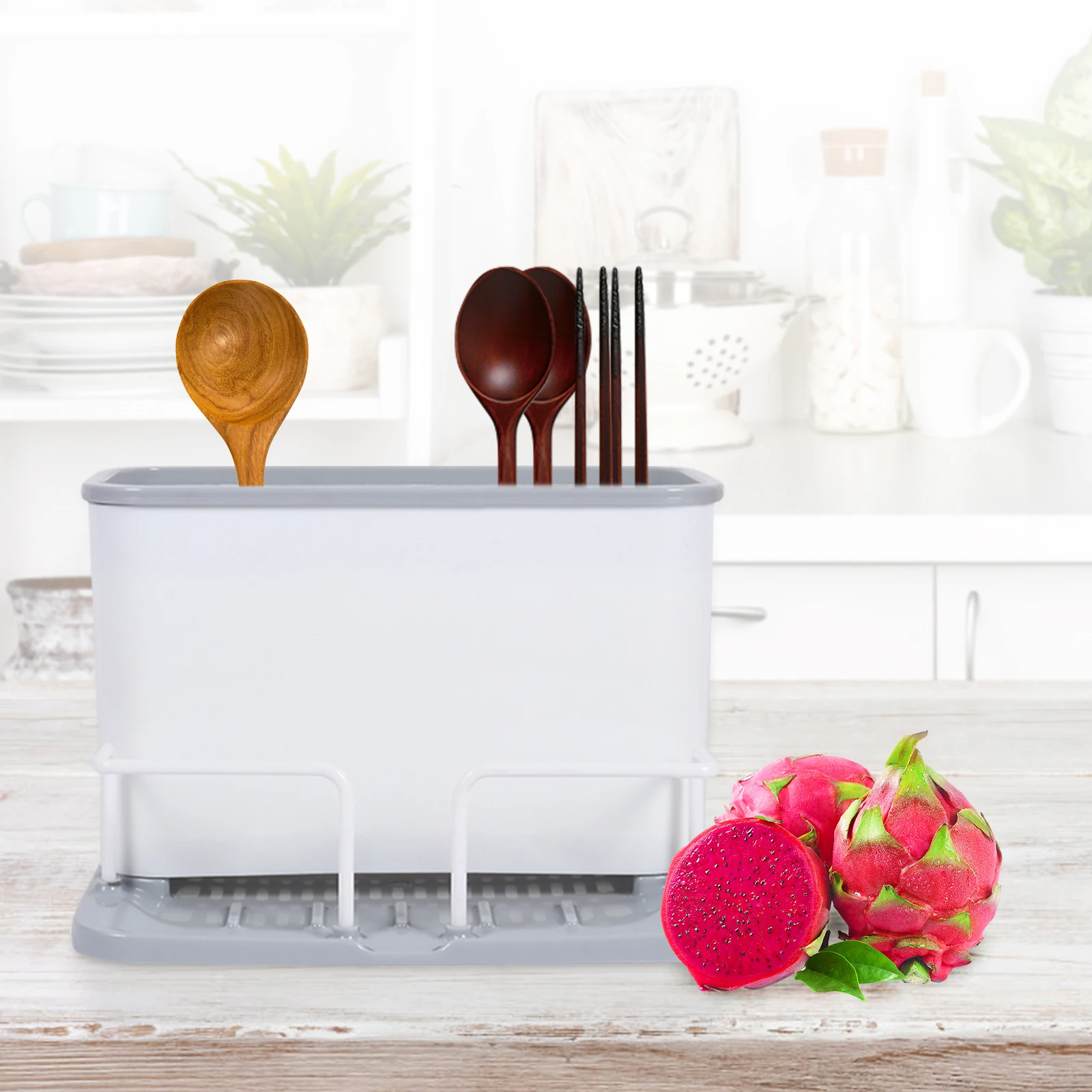 

1pc Utensil Holder Cutlery Storage Organizer Dish Drainer Rack Detachable Design Two Compartment Kitchen Countertop