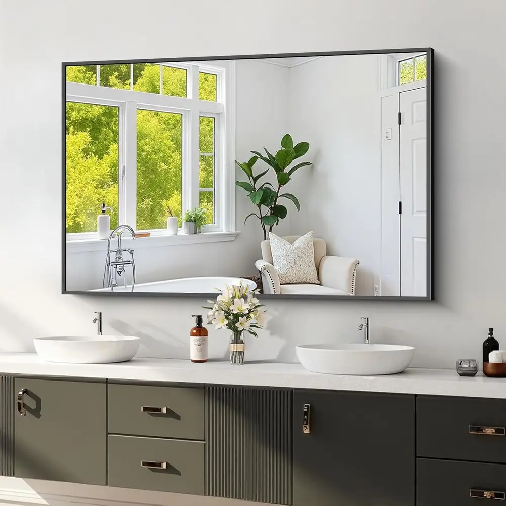 

Black ed Bathroom Mirror - Shatterproo 30"x48" Tempered Glass, HD No Distortion, Horizontal/Veal Mount, ern Matte Alloy e