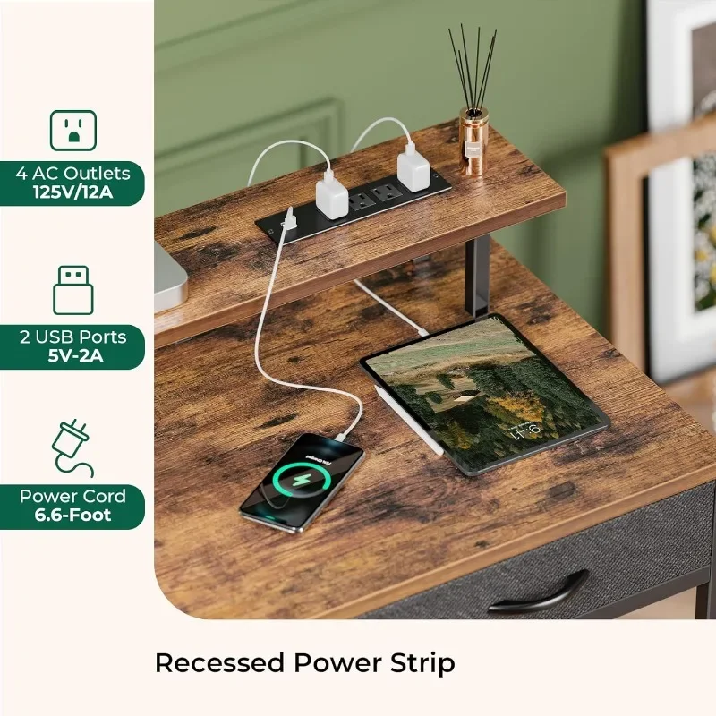 47 inch Computer Desk with LED Lights & Power Outlets, Gaming Desk Home Office Desk with Storage Drawers