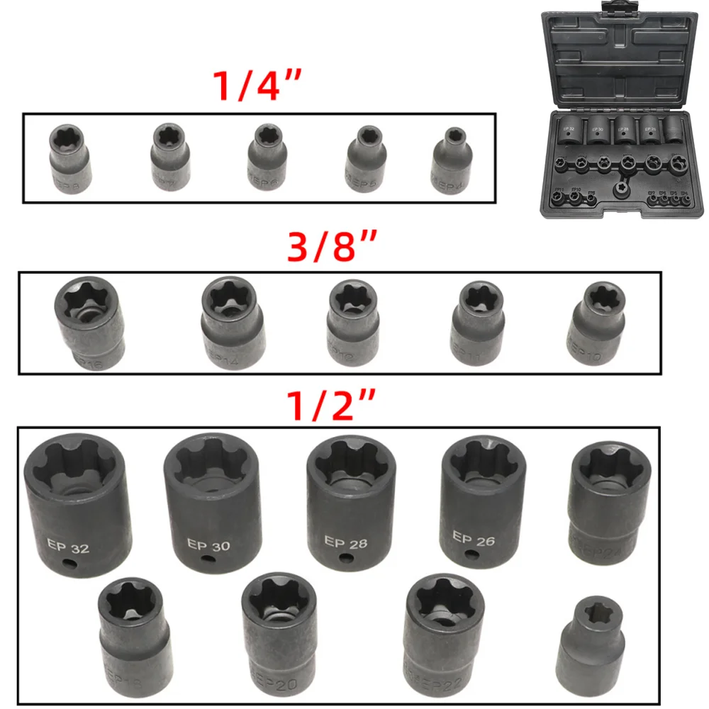 

External Torx Plus Socket Set 6 Point EP Socket EP4, EP5...EP11, EP12...EP32 with 1/2'' 3/8'' 1/4'' Dr E-Torx Plus Socket 19pc