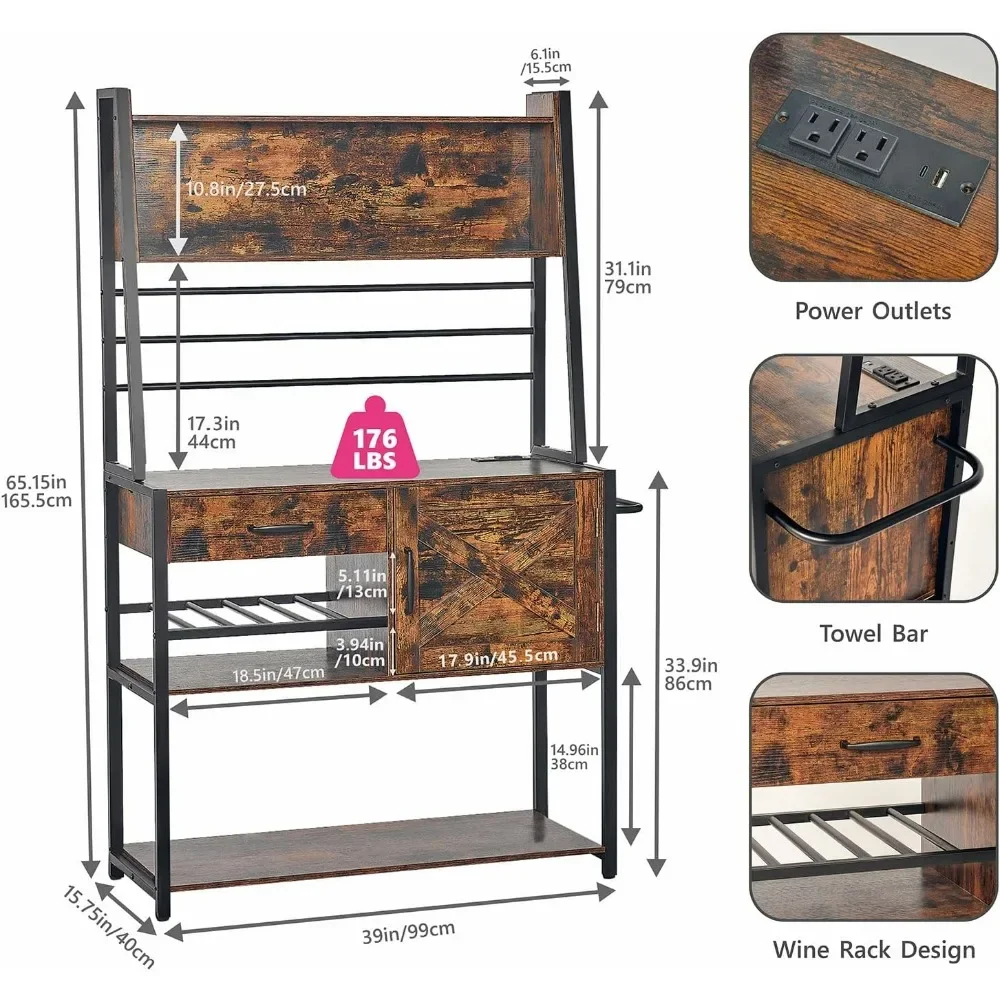 Large Bakers Rack with Power Outlets, Kitchen Microwave Oven Stand with Shelves, Coffee Bar Station Table with Wine Rack