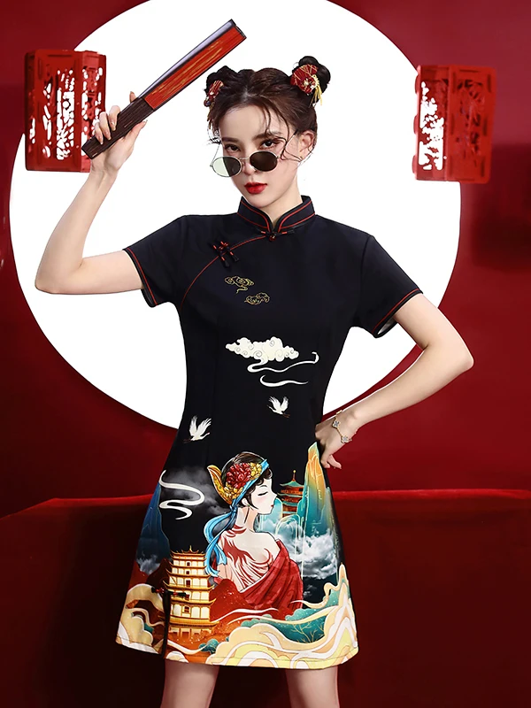 

Летнее платье-ципао с цветочным принтом для девочек, с воротником-стойкой, длиной до колена, с боковым разрезом, А-силуэт, в китайском стиле