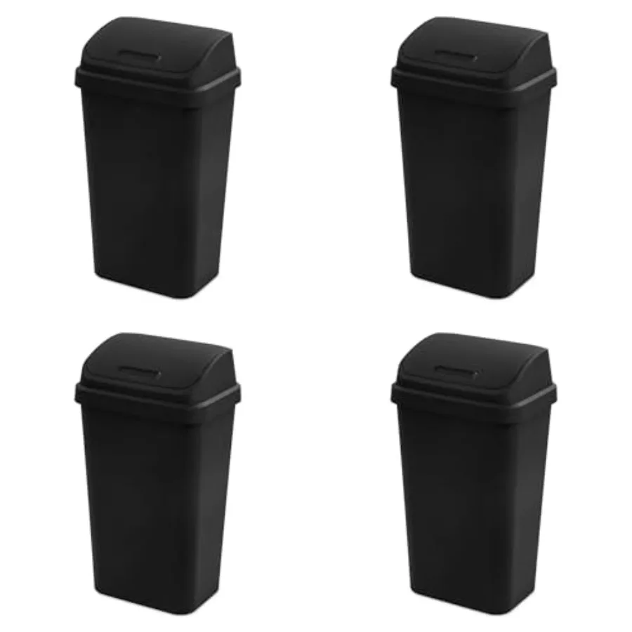 

4-Pack Swing Top Wastebasket Sleek Square Profile Trash Can 13 Gallon Black Modern Garbage Bin for Kitchen Bathroom Garage and
