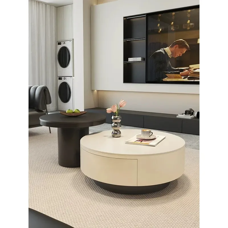 Modern Simple Round Rock Slab Coffee Table Black White Solid Wood High End Light Luxury Tea Table for Living Room Small