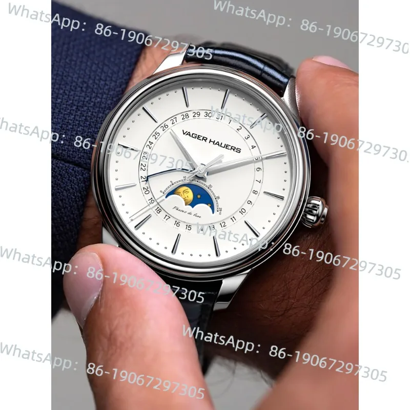 

Оригинальные механические автоматические четырехконтактные коаксиальные часы с фазой луны и кожаным ремнем, водонепроницаемые мужские часы