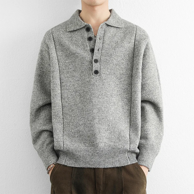 

Men Teenager Trendy Streetwear Sweatercoat Autumn Unique Style Shirt Collar Loose Fit Solid Color Knitwear Pullover Men Pullover