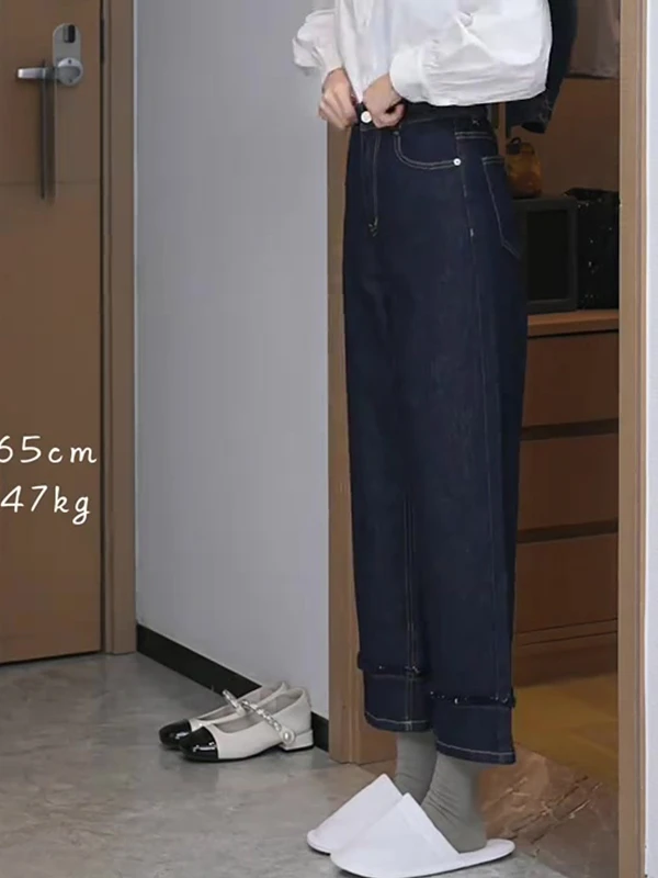 

Donna Women's Retro Sle Slimming High Waist Straight Leg Jeans Spring Faion Flip up Design Long Pants Ladies' Denim