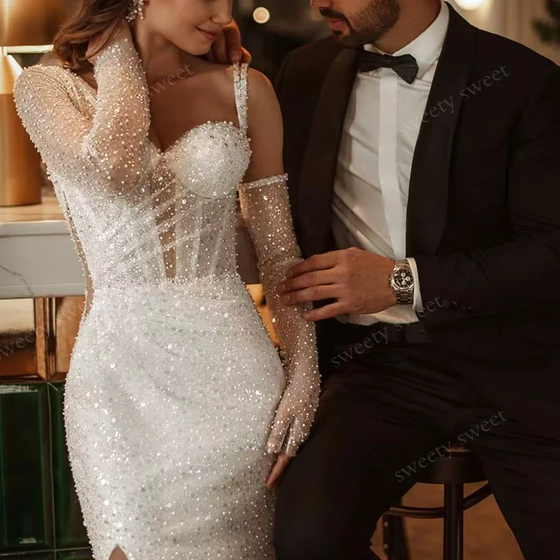 Luxurious Detachable Train Wedding Dress Fully Beaded Slit A Mermaid Ball Gown Sleeveless Square Collar Customized Bride Lace Up