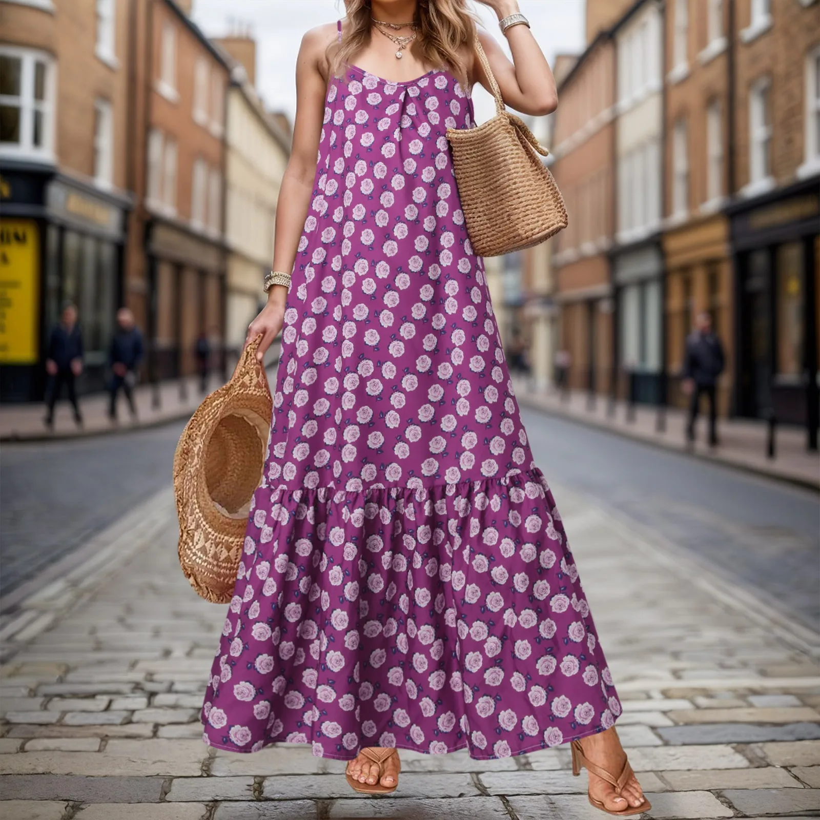 Vestido maxi floral sem mangas feminino, vestido de verão boêmio, alça de espaguete, vestidos soltos casuais, vestido de verão, 2022