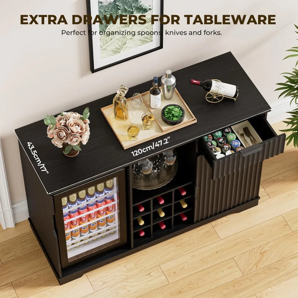 Armário de Bar para Vinhos com Frigobar (Frigobar Incluído), Armário de Café de 47 polegadas com Suporte para Vinhos e Copos, Personalizado