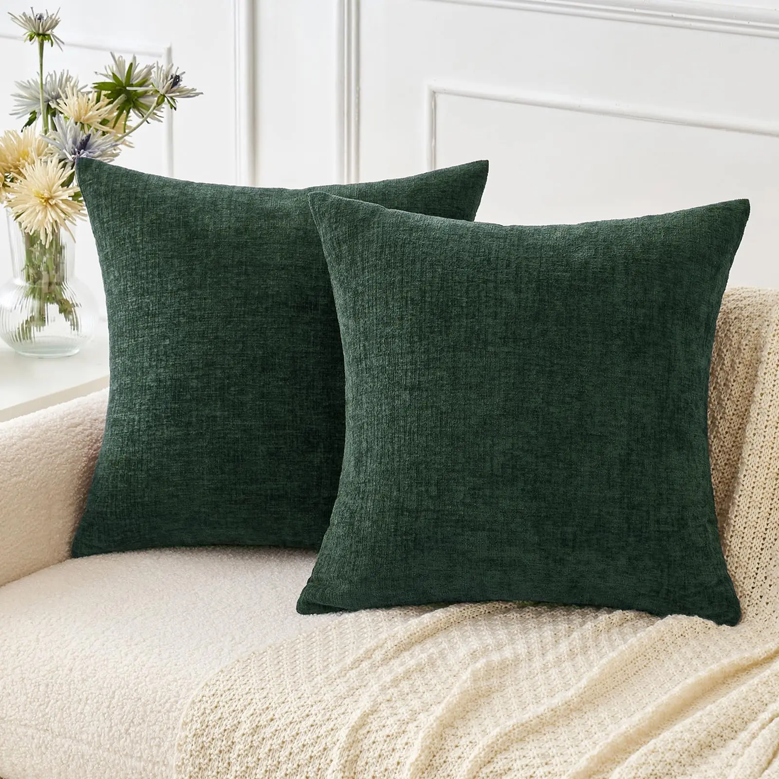 Chenille Cushion Covers 45x45 Cm Soft Dark Green Decorative Throw Pillow Covers Square Cushion Case Solid Pillowcases for Couch