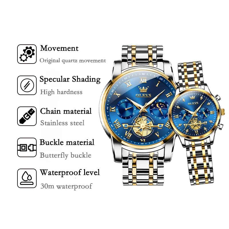 OLEVS 2859-2897 Luxury Couple Watches Waterproof Luminous Stainless Steel Quartz Watch His and Her Moon Phase Fashion Lovers Set