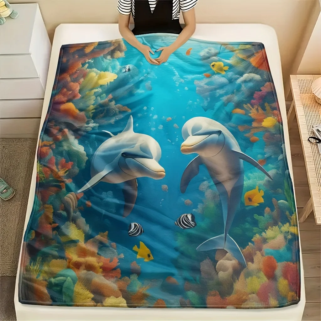 Ocean Dolphin Coral Reef Flannel Blanket,Blue Seawater Marine Creature Pattern Lightweight Throw Blanket for Bed Couch Daily Use
