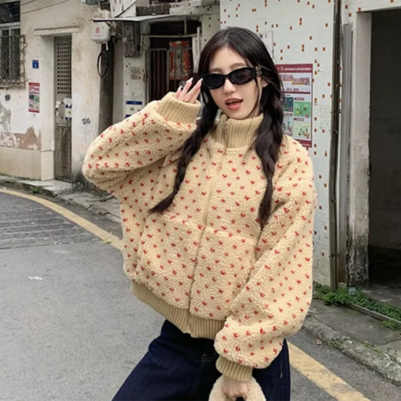 Polka Dot Fuzzy Women Jacket American Zip Up Bomber Coat Stand Collar Street Loose Cozy Retro Winter Outerwear Top
