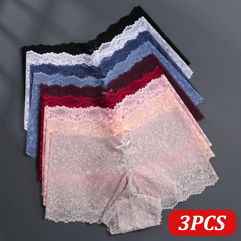 

3PCS Sexy Lace Star High Rise Boxer Shorts Seamless Solid Color Hollow Out Boyshort Panties Female Perspective Intimate Lingerie
