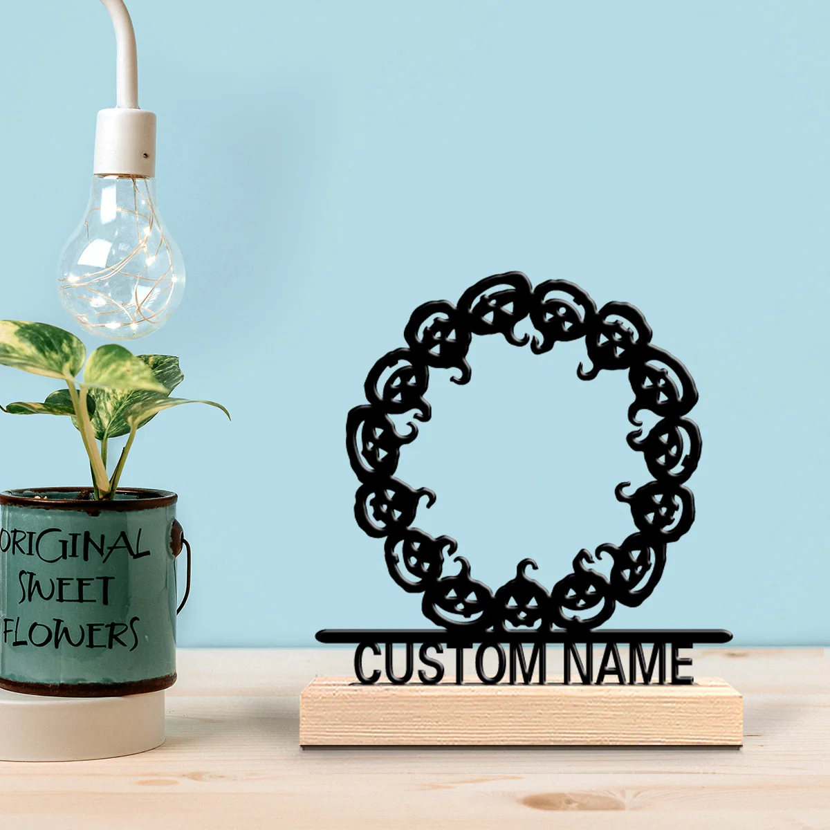 1pc Retro Personalized Custom Pumpkin wreath Metal Statues Wooden Base Wall Decor for Living Room Garage Modern Industrial Style