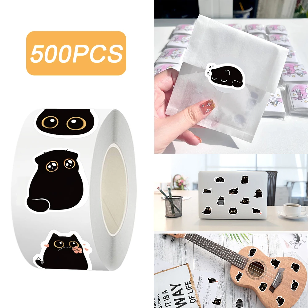 

500pcs/roll Kawaii Anime Black Cat Sealing Stickers Kids Reward Decals DIY Luggage Stationery Phone Cute Animal Kitten Sticker