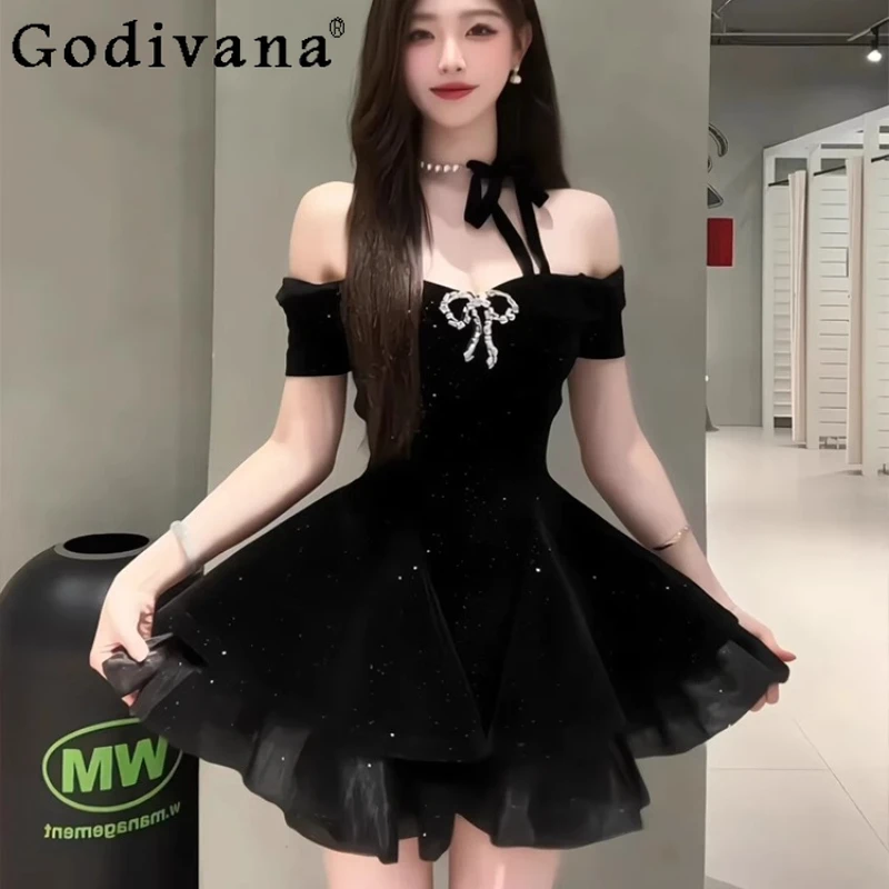 

French Style Black Dress for Women Puff Slimming Birthday Party Black Gown Dress Female Spring Short Sleeve Princess Dress