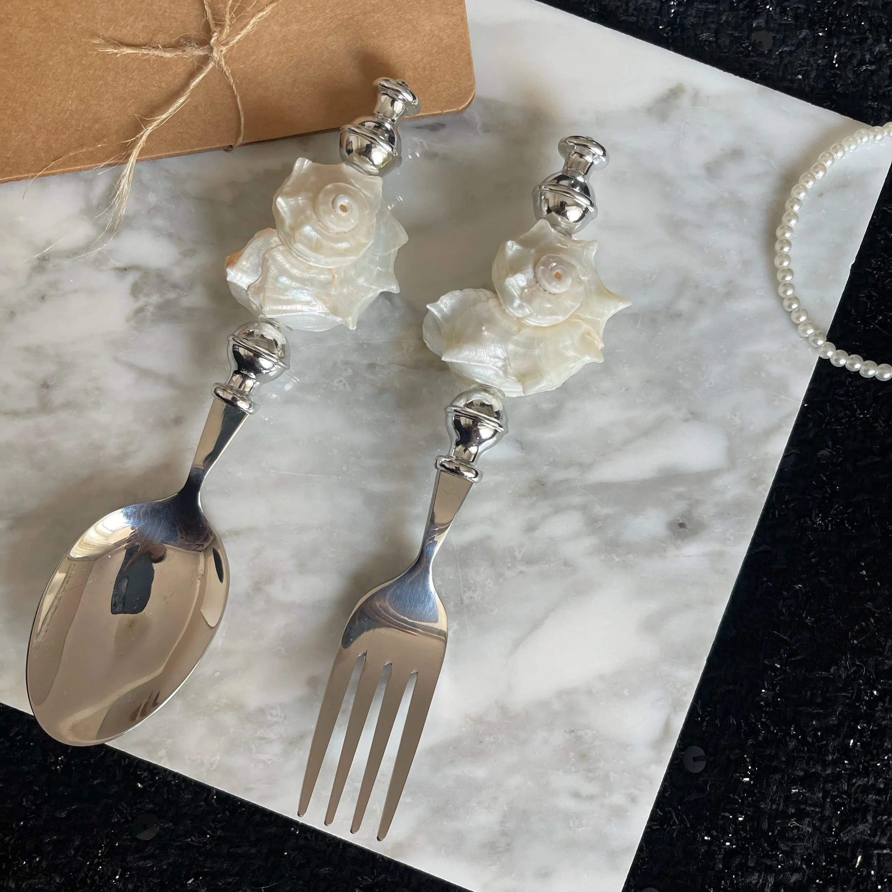 French Stainless Steel Spoon Fork Knife Light Luxury Natural Conch Handle Stainless Steel Shell Spoons & Forks,  Tablewarea