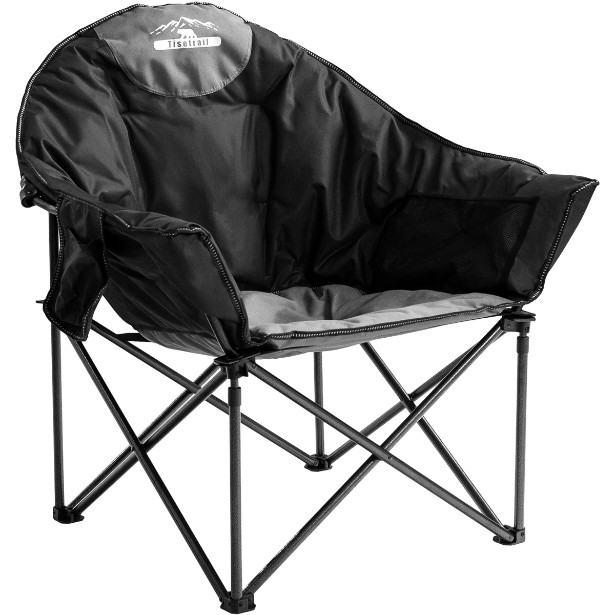 Tisetrail Oversized Camping Chair Padded Moon Round Saucer Chair with Cup Holder Folding Comfy Sofa Chairs Black&Gray