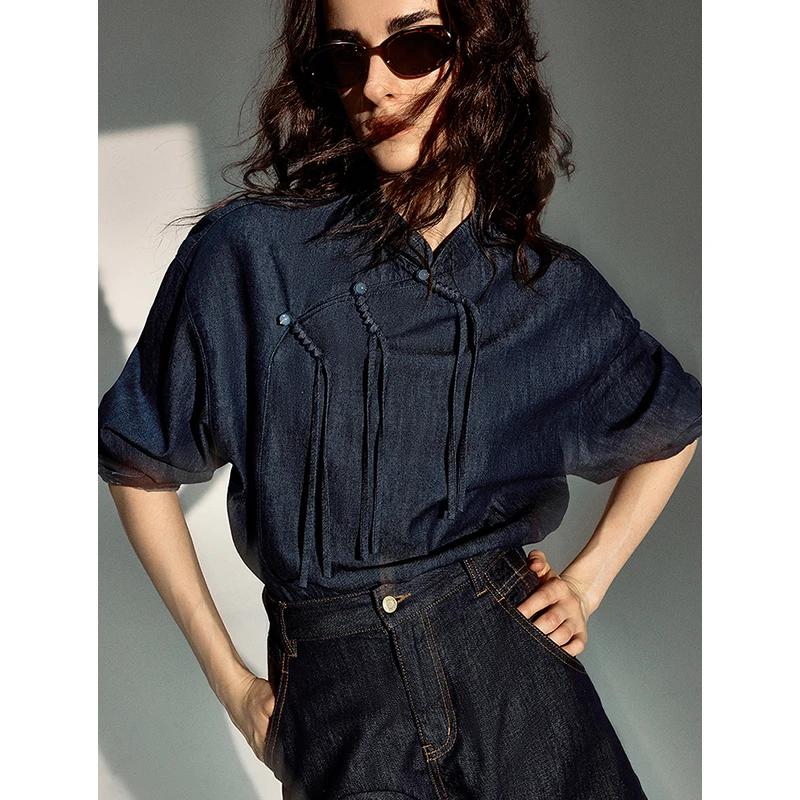 TOYOUTH Women Blouse Shirt 2024 Autumn New Chinese Style Stand Collar Pan Button Denim Long Sleeve Pullover Blouse Shirts Tops