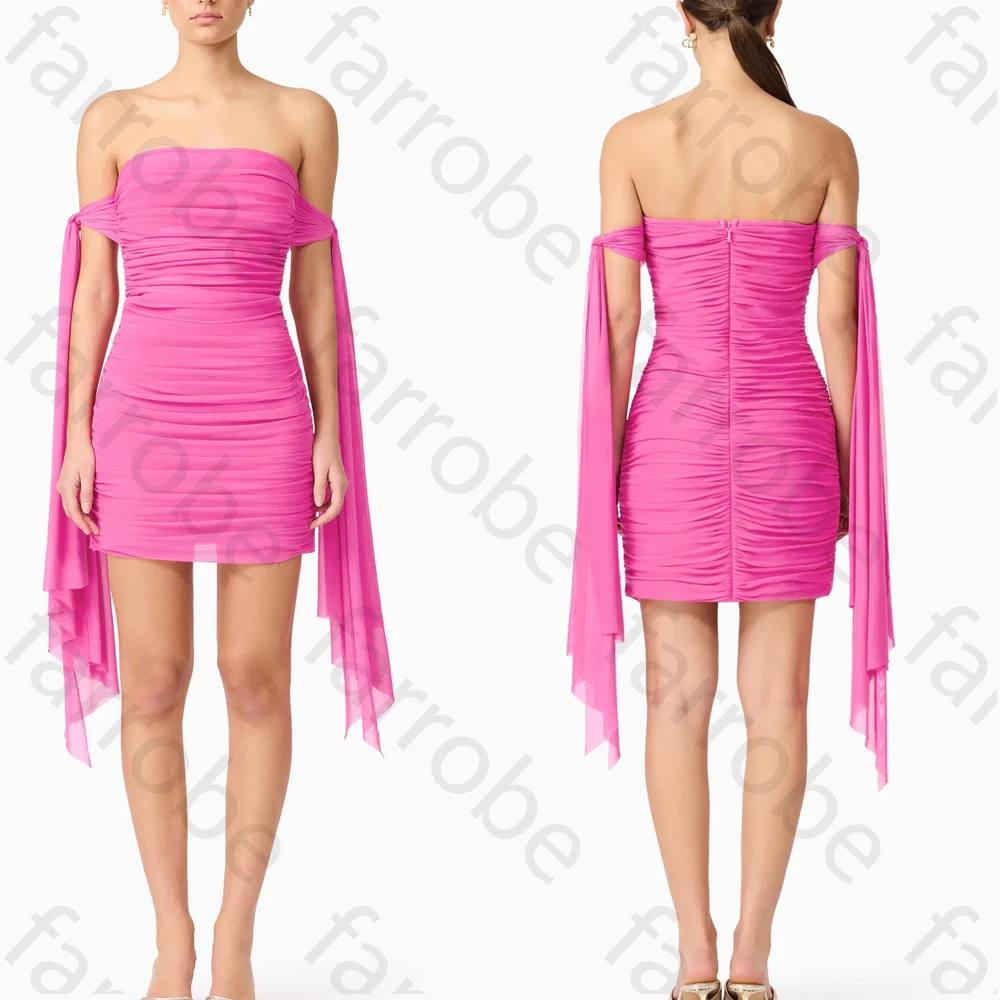 

Customized Off Shoulder Mini Dress–Hot Pink A-Line Evening Dresses Formal Modern Exquisite High Quality Prom Party Gowns Women