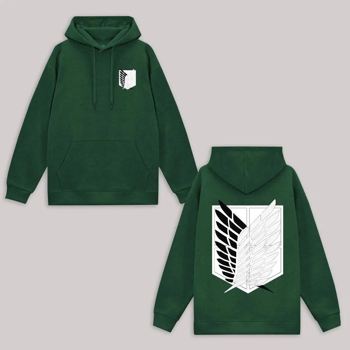Sudadera con Capucha Verde para Hombre, Forro Polar de Primavera, Algodón, Anime Ataque a los Titanes, Logotipo de Alas de la Libertad en la Espalda, Estampado Frontal, Parche de Texto
