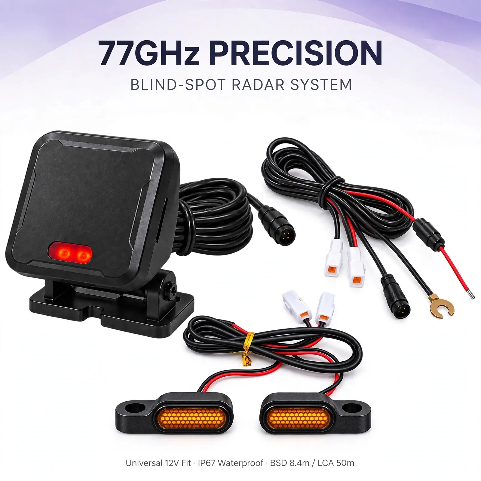 77GHz Motorcycle Blind Spot Radar – Lavender Dusk Series, Dual Amber LED Mirror Indicators, BSD 8.4m / LCA 50m, IP67, 9–24V DC