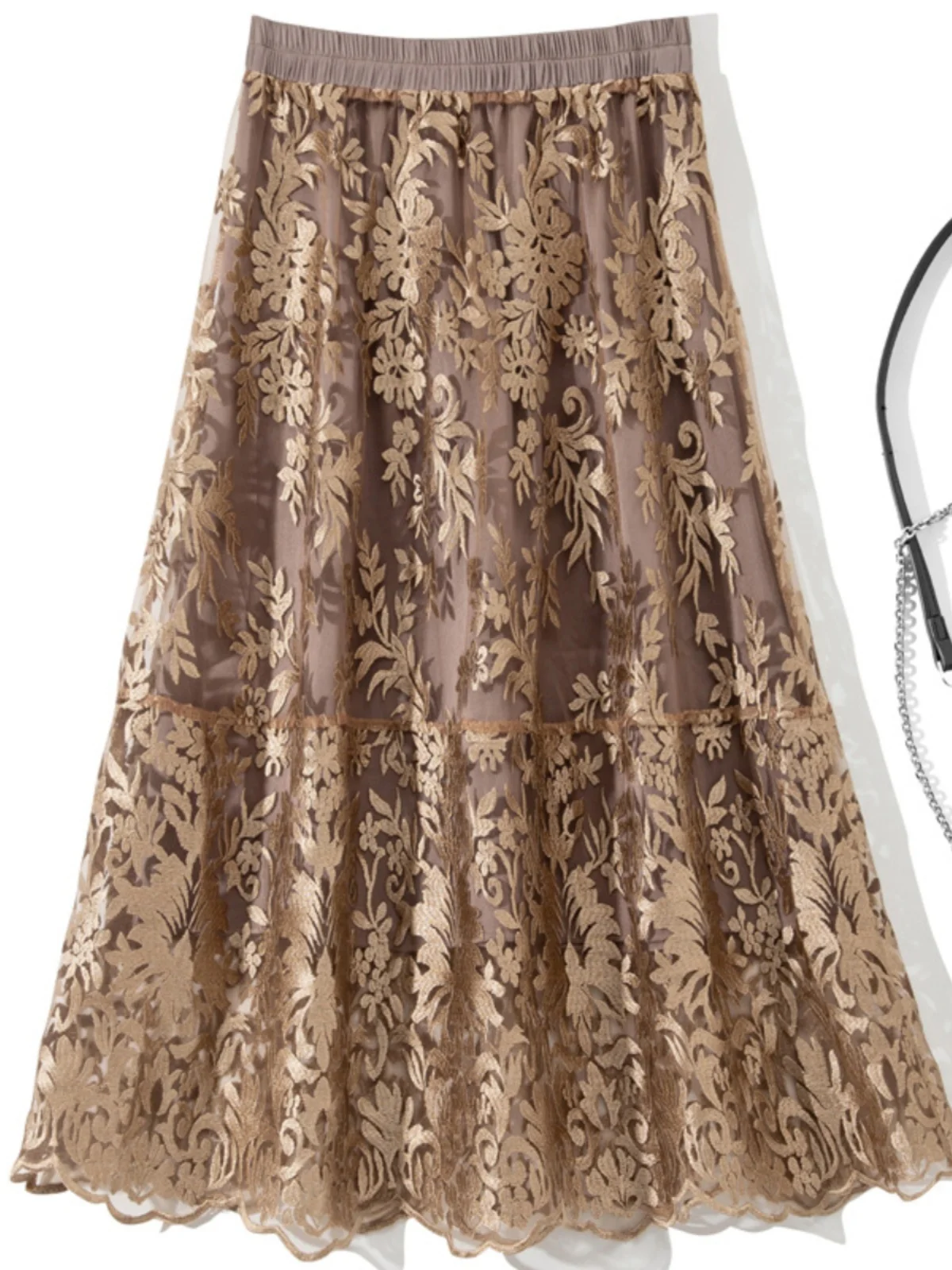 

Юбка-миди А-силуэта с вышивкой и кружевом, из полиэстера, весна-лето, модная, с эластичной талией, средней длины