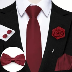 Hot Sale Burgundy Pink Necktie Set Include Polyester Bowtie Cufflink Floral Brooch For Groom Suit Wedding Cravat Shirt Accessory