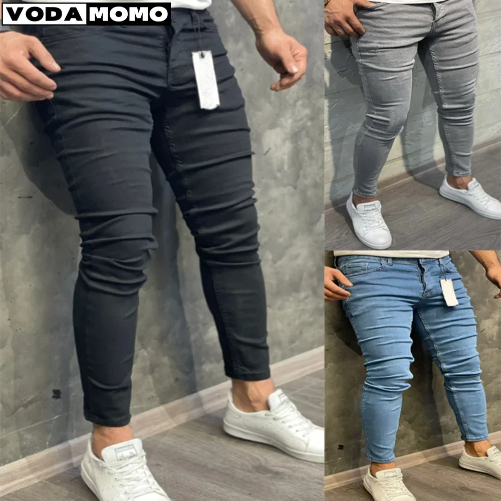

Модные рваные джинсы скинни в уличном стиле, мужские винтажные однотонные джинсовые брюки, мужские повседневные облегающие джинсовые брюки-карандаш, горячая распродажа