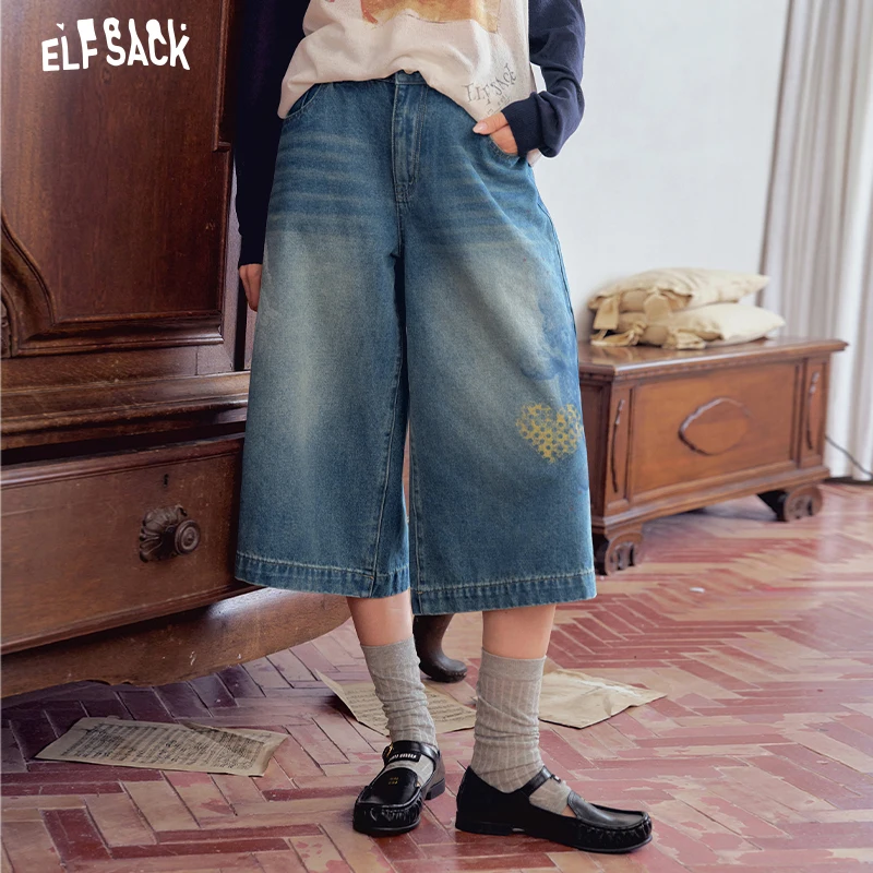 ELFSACK Women Vintage Denim Culottes with Heart Print, Loose Wide‑Leg Cropped Jeans for Casual Daily Outfit