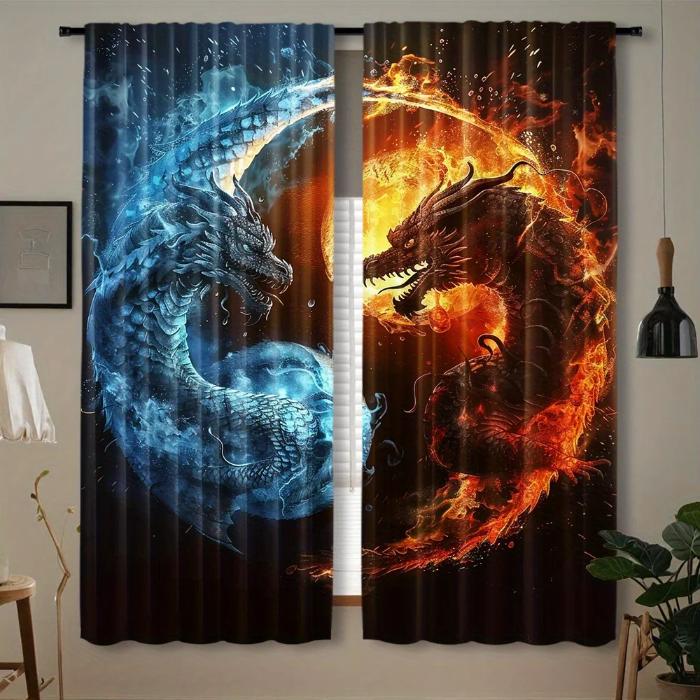 2pcs Dragon Rod Pocket Curtains, Woven Polyester Pongee Blackout Panels, Tai Chi and Fire Pattern, Semi-Sheer Embossed Window Dr