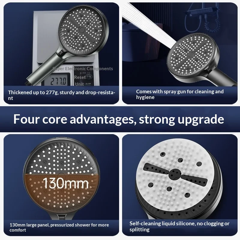 High Pressure Shower Head 6-Setting Handheld with Spray Gun, Anti-Clog Silicone Nozzles