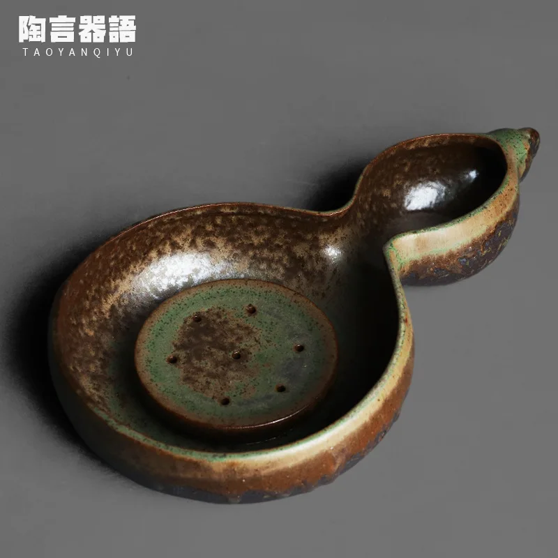 Retro pottery kiln roasted bronze green glazed pot teapot base gourd shape design tea ceremony Zen tea table raising pot big mat