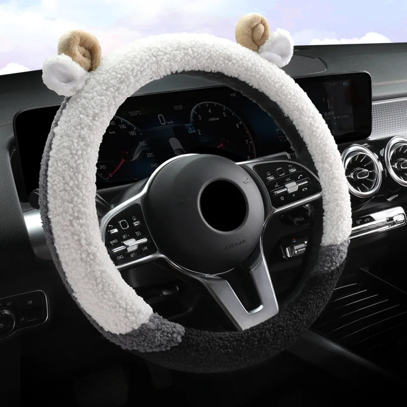 Car Cartoon Winter Plush Car Steering Wheel Cover Cute Antler Anti-skid Car Handle Cover Warm Winter